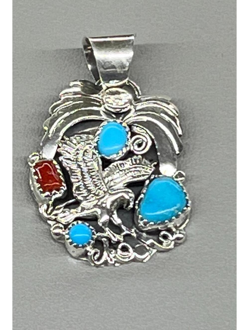 Native American Navajo sterling silver turquoise coral eagle cluster pendant